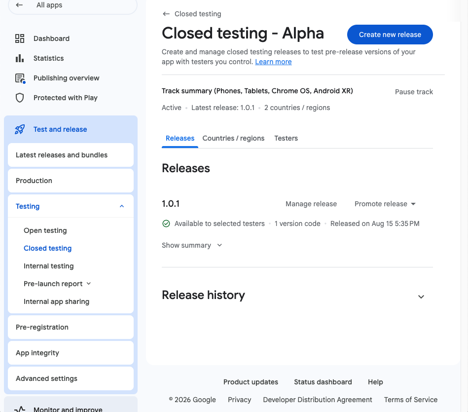 Closed testing channel with the latest release