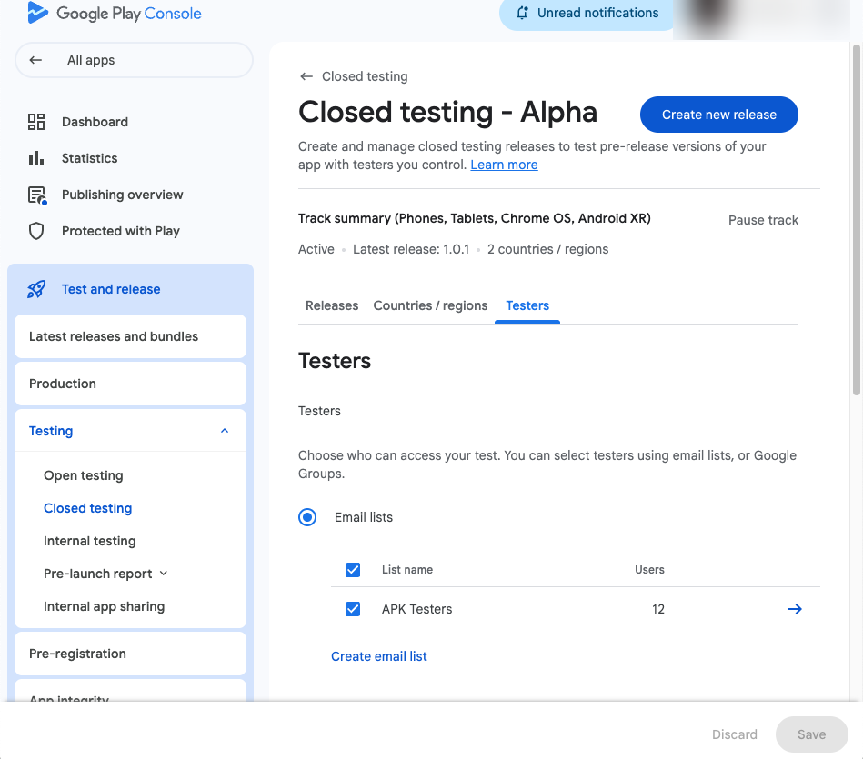 Play Console Testers tab with an email list selected
