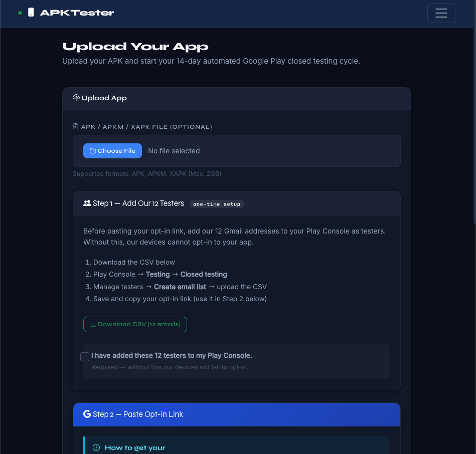 APKTester upload page with the Download CSV (12 emails) button