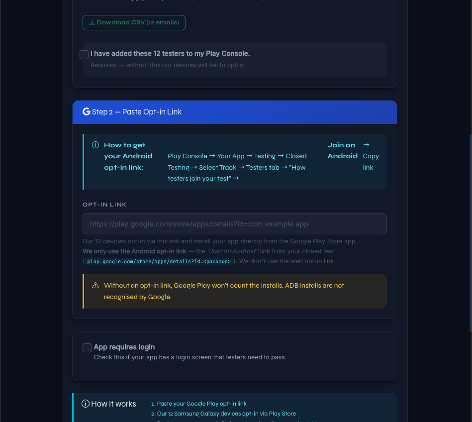 APKTester upload form with the opt-in link field